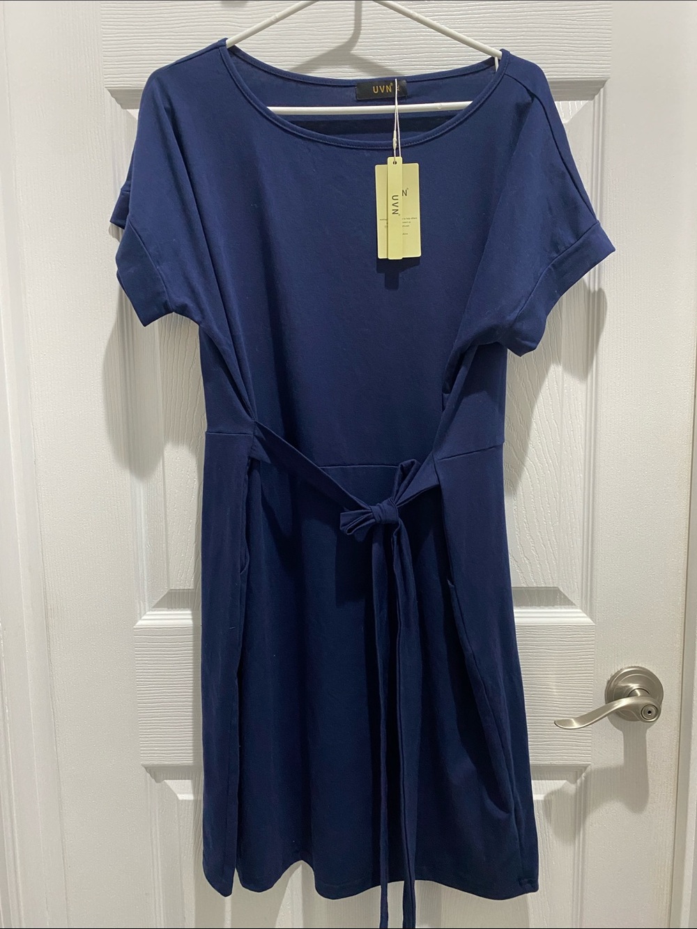 Navy Short-Sleeve Tie-Waist Dress